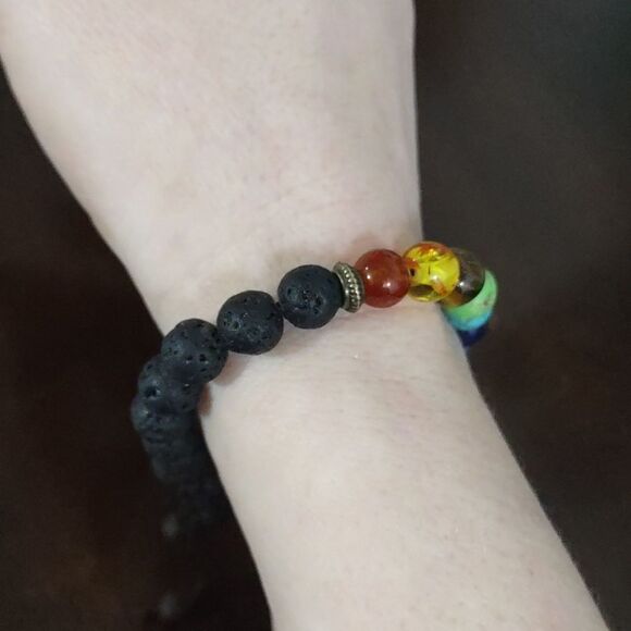 Women's Grounding Lava Rock with Chakra Beads Adjustable Slider Bracelet - Picture 5 of 6